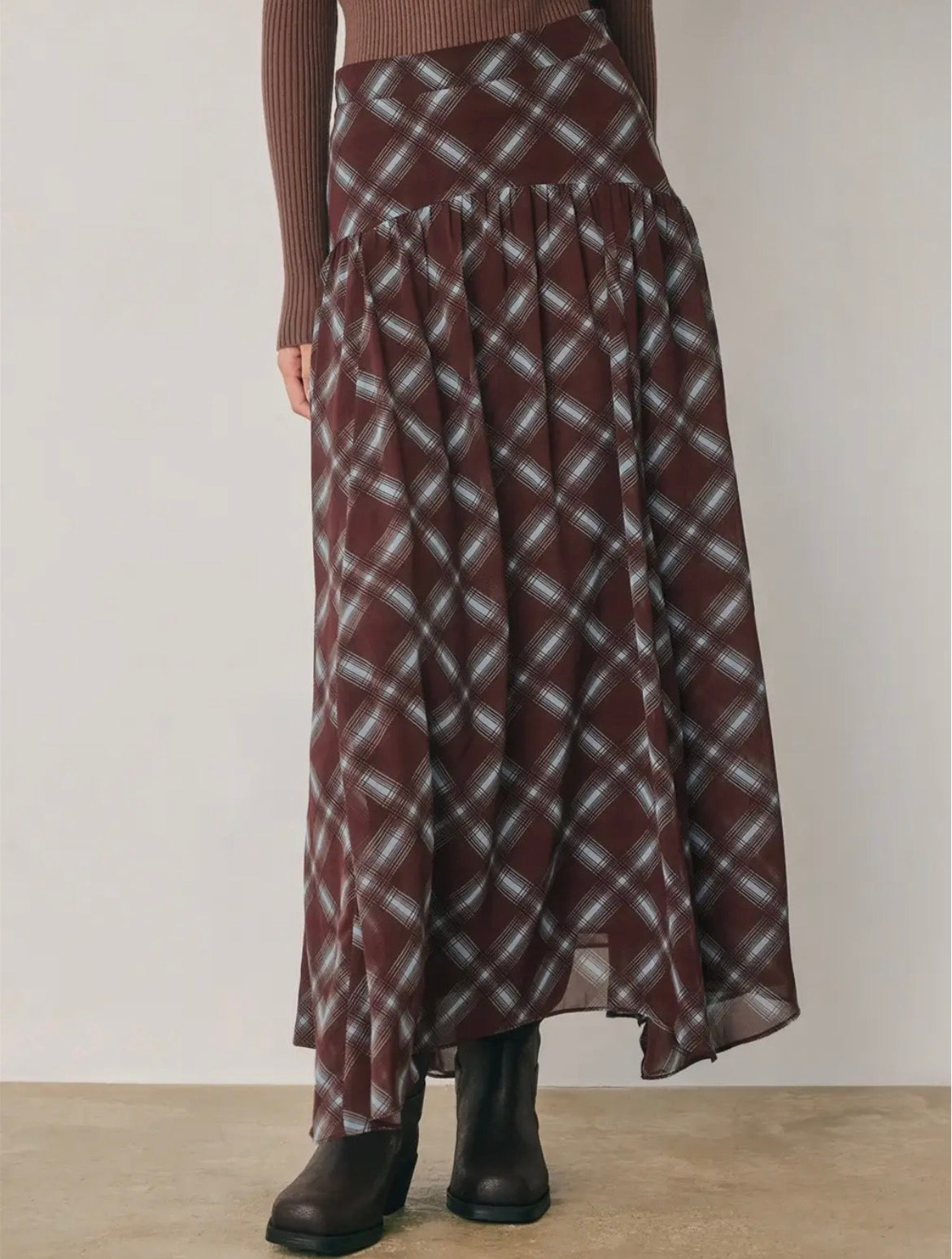 Rowan Plaid Chiffon Asymmetrical Maxi Skirt