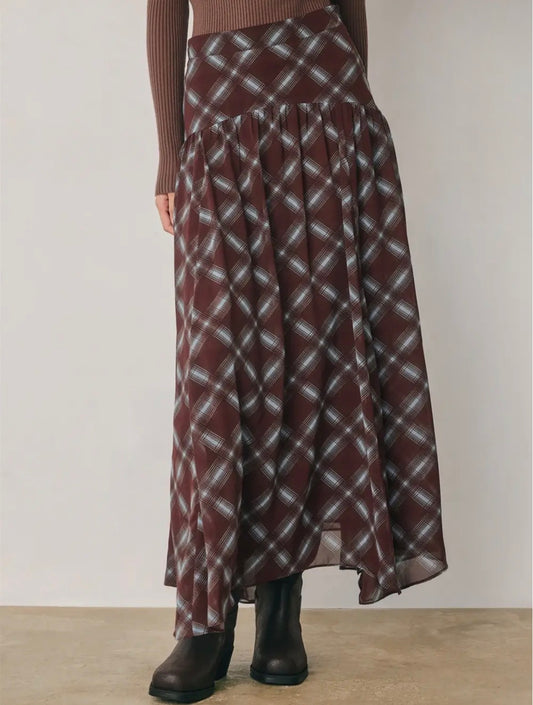 Rowan Plaid Chiffon Asymmetrical Maxi Skirt