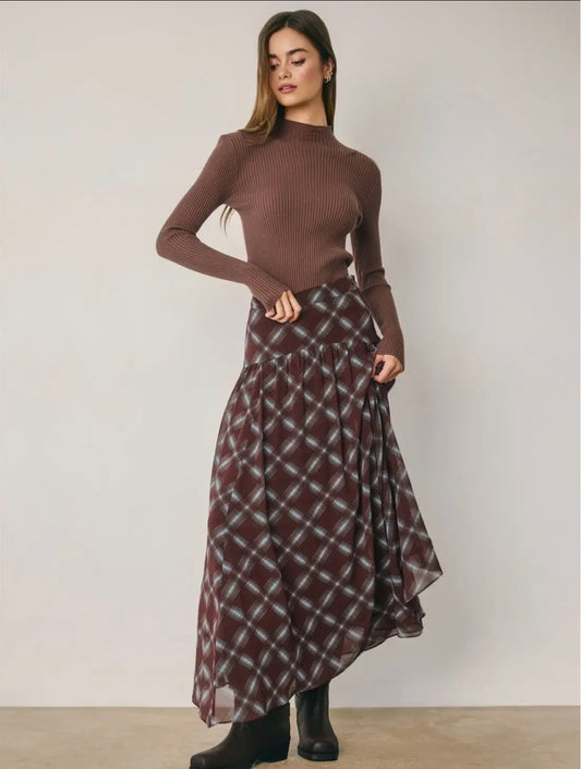 Rowan Plaid Chiffon Asymmetrical Maxi Skirt