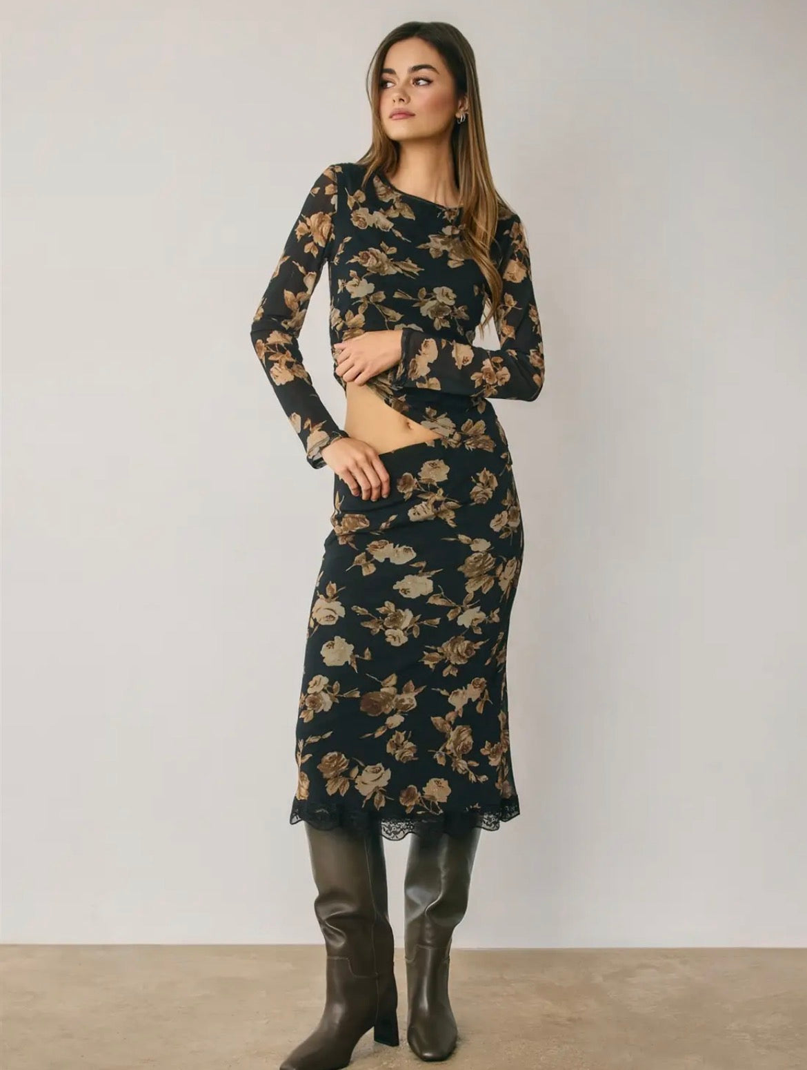 Zuri Vintage Floral Mesh Asymmetrical Top