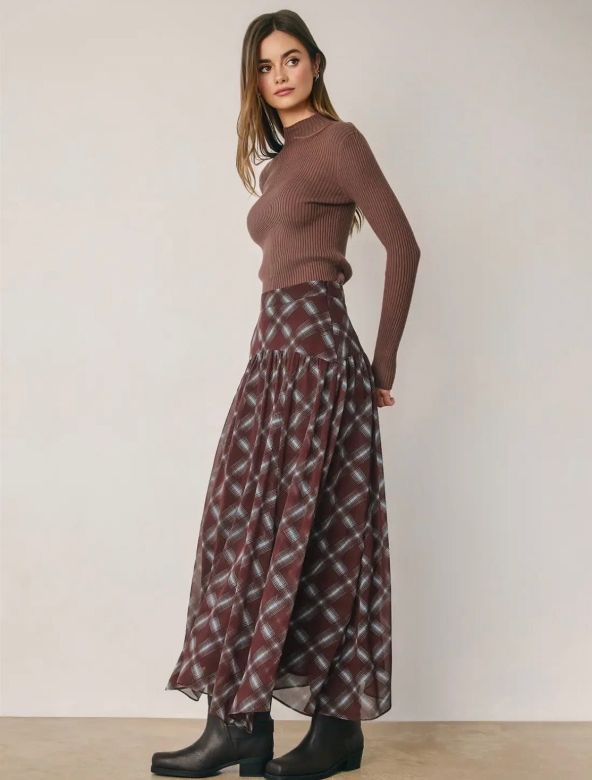 Rowan Plaid Chiffon Asymmetrical Maxi Skirt