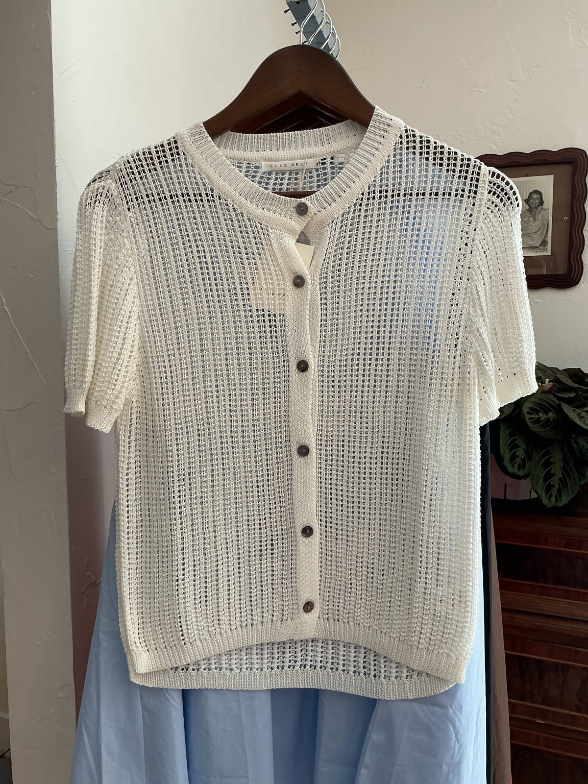 Elle Grey Crochet Button Up Short Sleeve Top