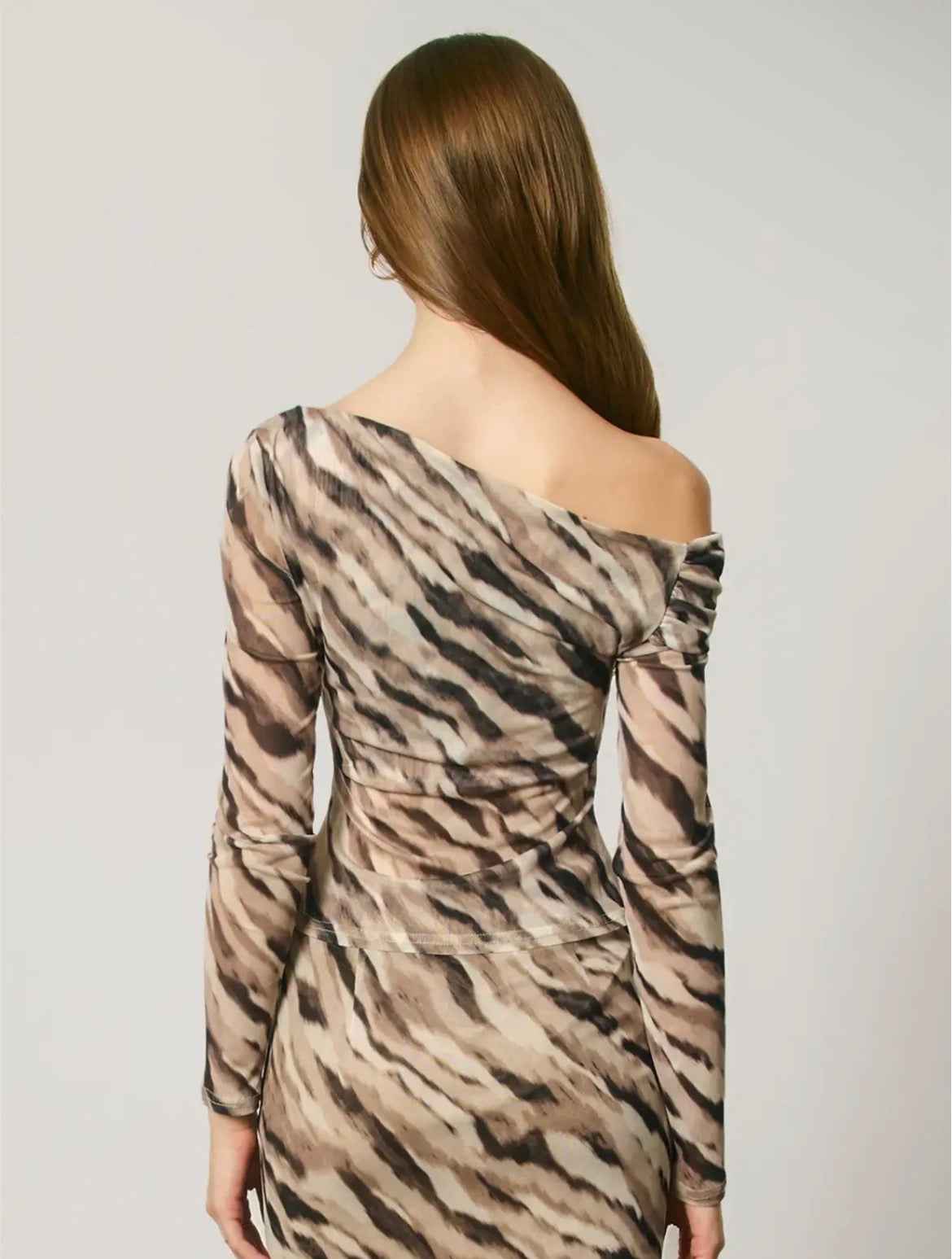 Layla Animal Mesh Asymmetrical Long Sleeve Top