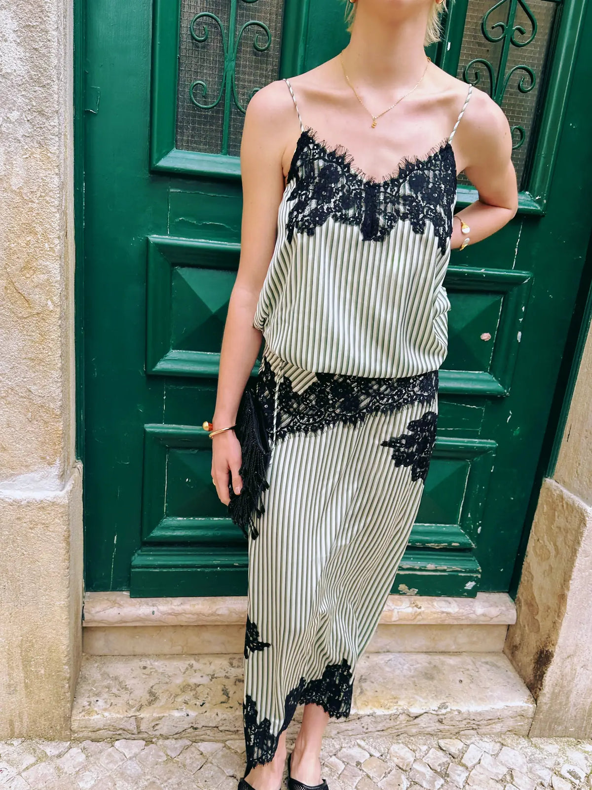 Verona Green Stripe Satin Lace Midi Skirt