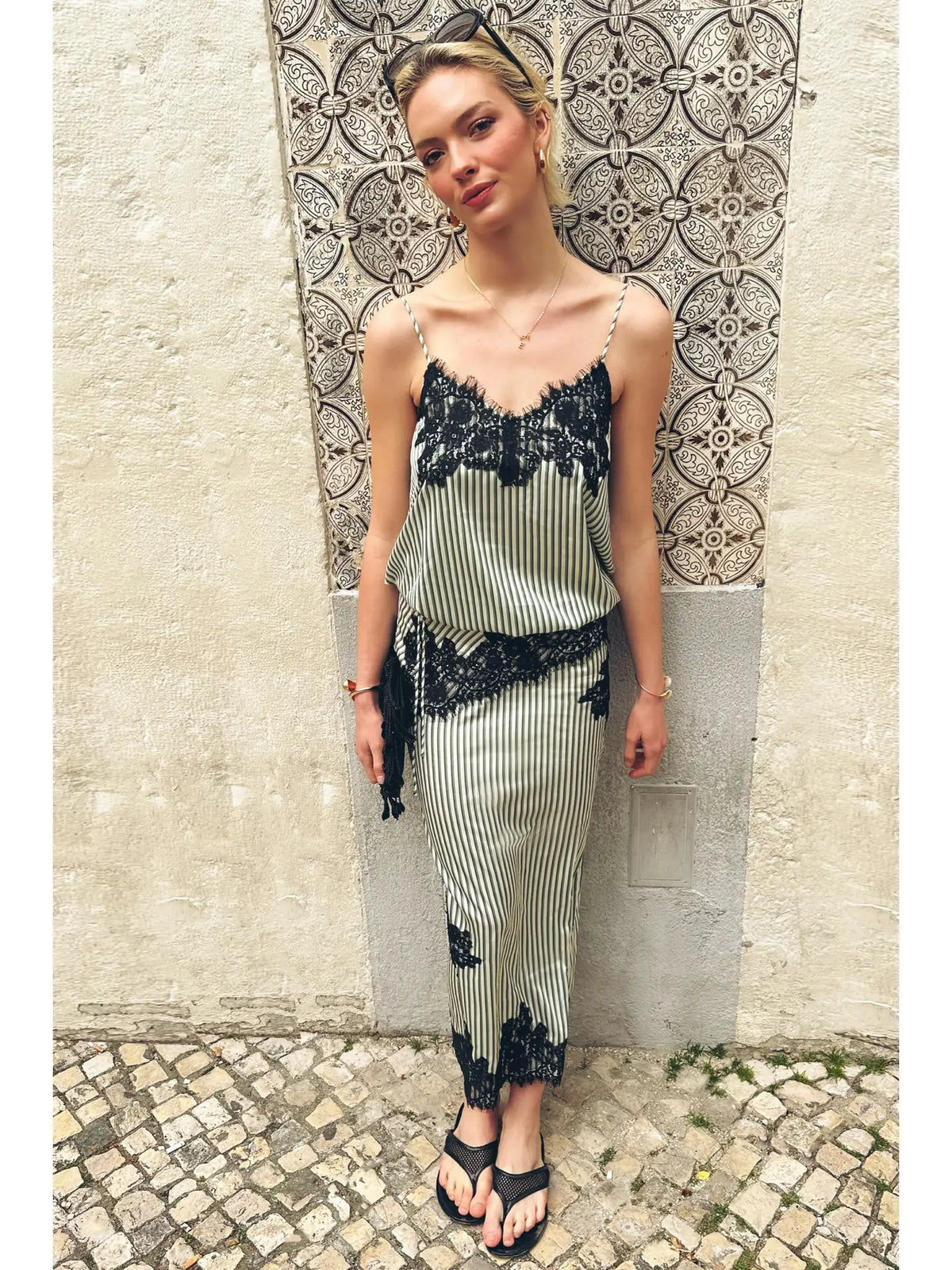 Verona Green Stripe Satin Lace Midi Skirt