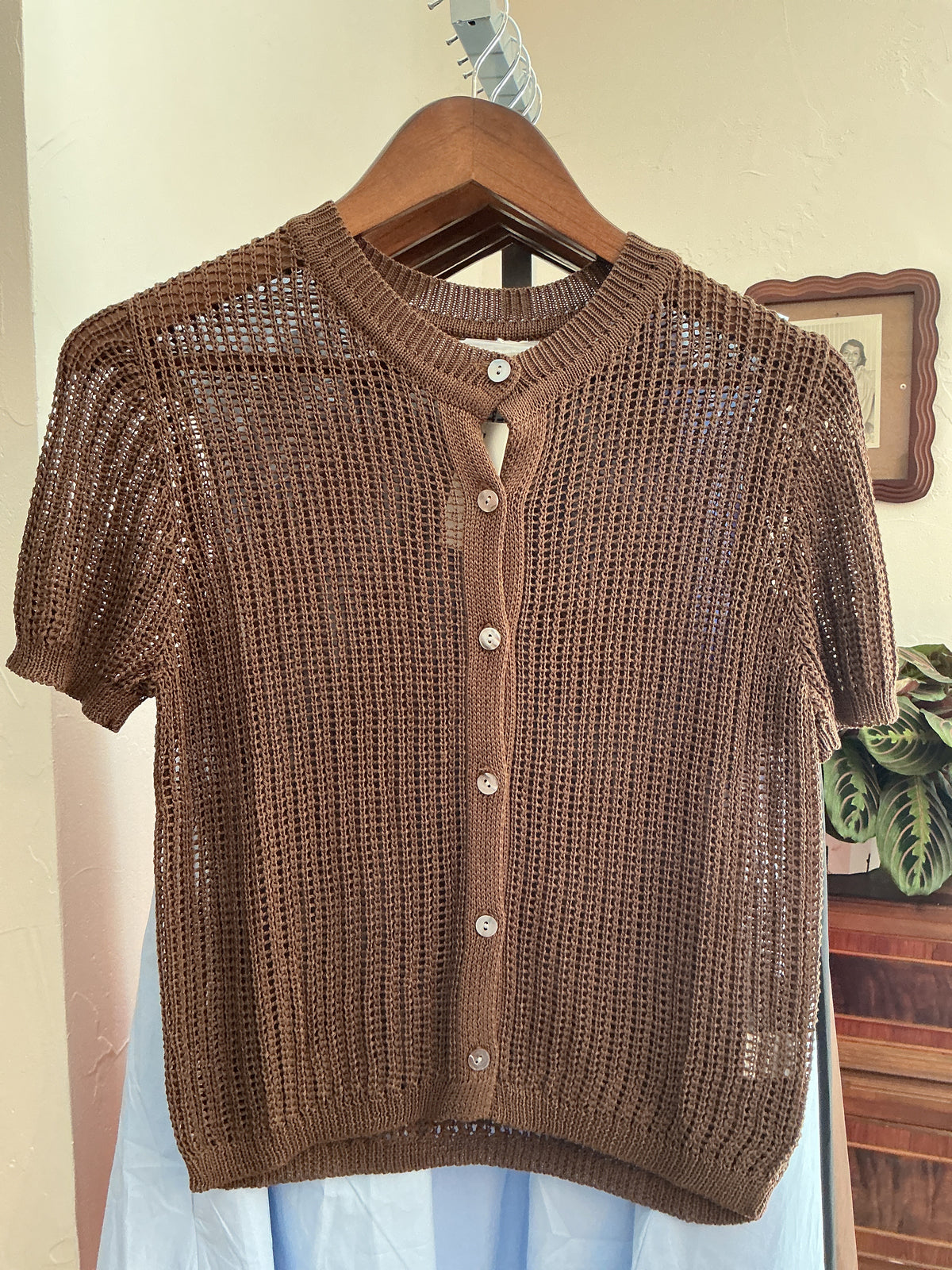 Elle Grey Crochet Button Up Short Sleeve Top