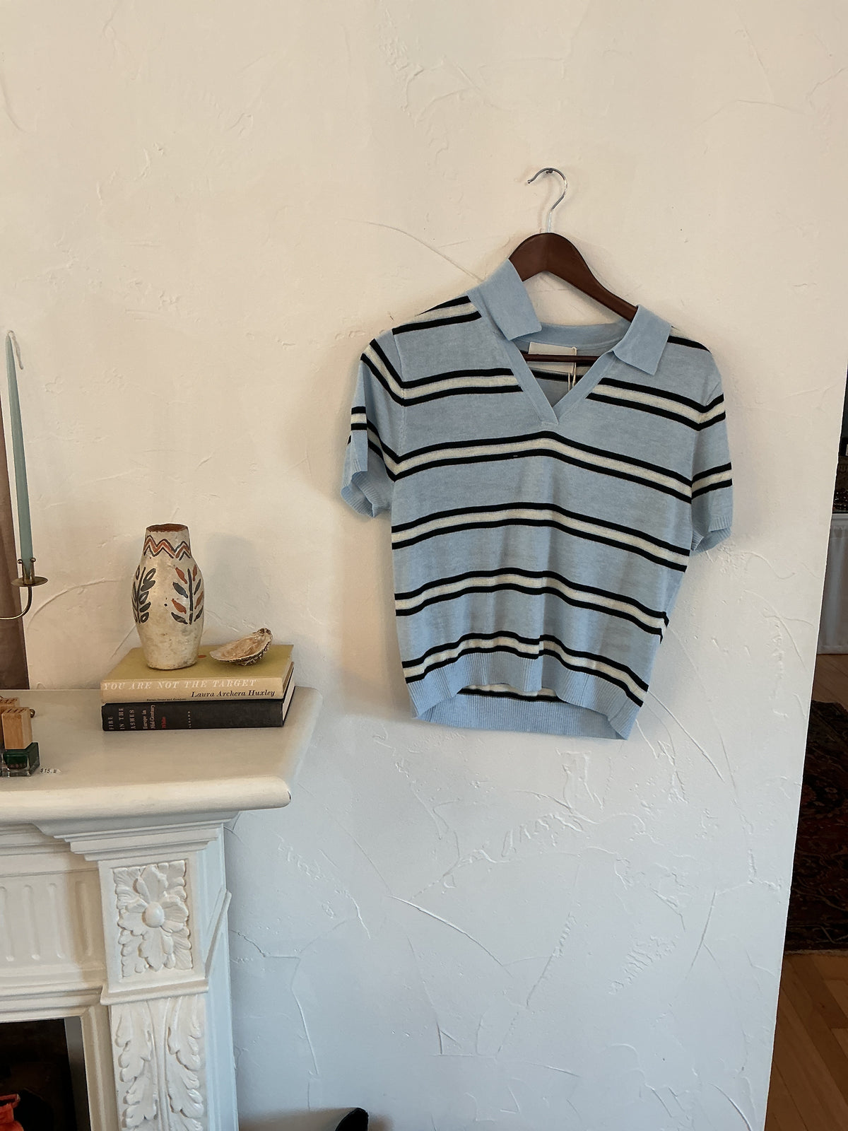 Elle Grey Stripe Johnny Collar Knit Top