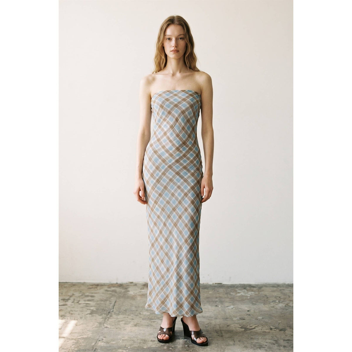 Beth Plaid Bias Cut Strapless Maxi Dress