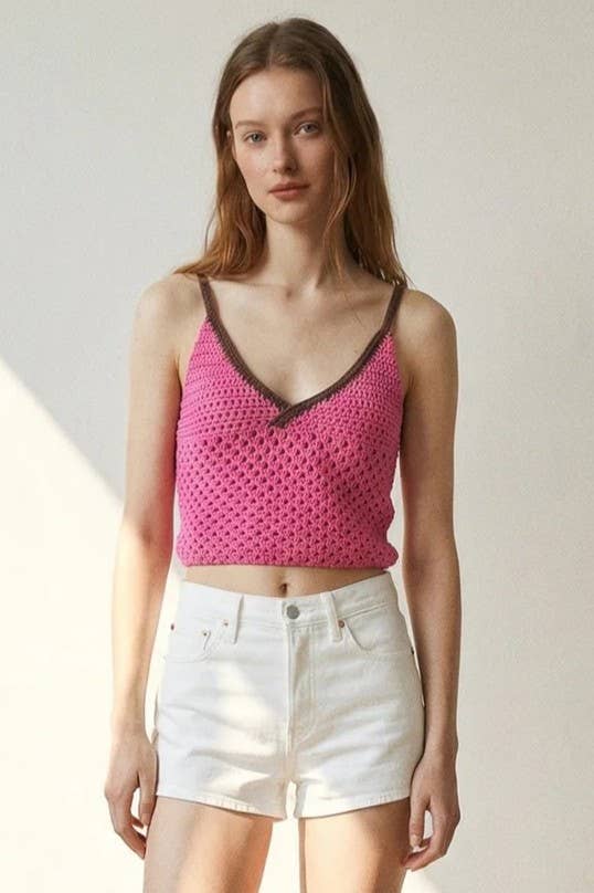 Strawberry Contrast Crochet Knit Top