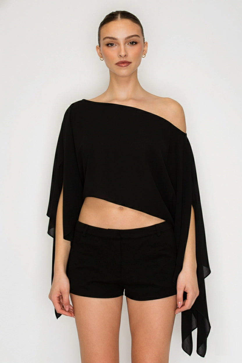 Iris Sheer One-Shoulder Drape Crop Top