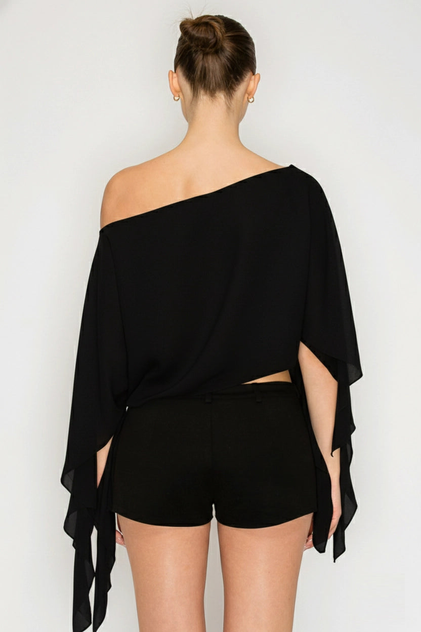 Iris Sheer One-Shoulder Drape Crop Top
