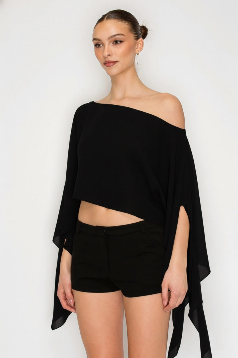 Iris Sheer One-Shoulder Drape Crop Top