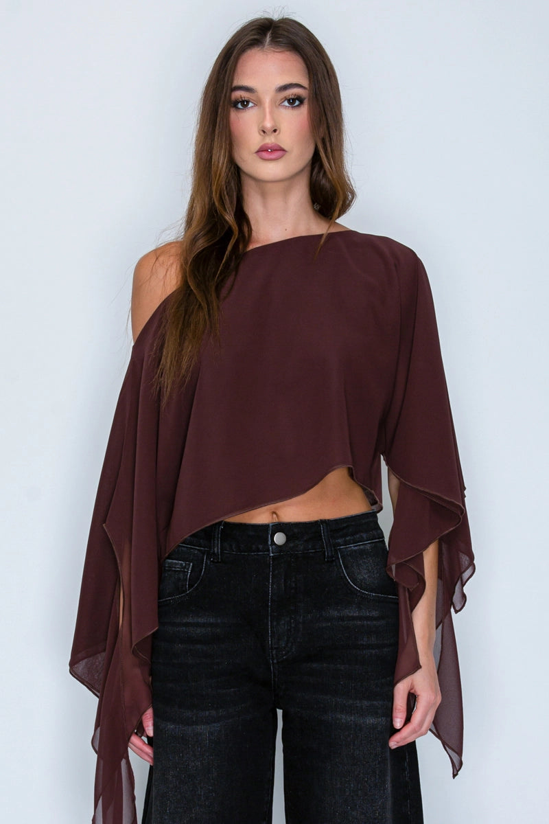 Iris Sheer One-Shoulder Drape Crop Top