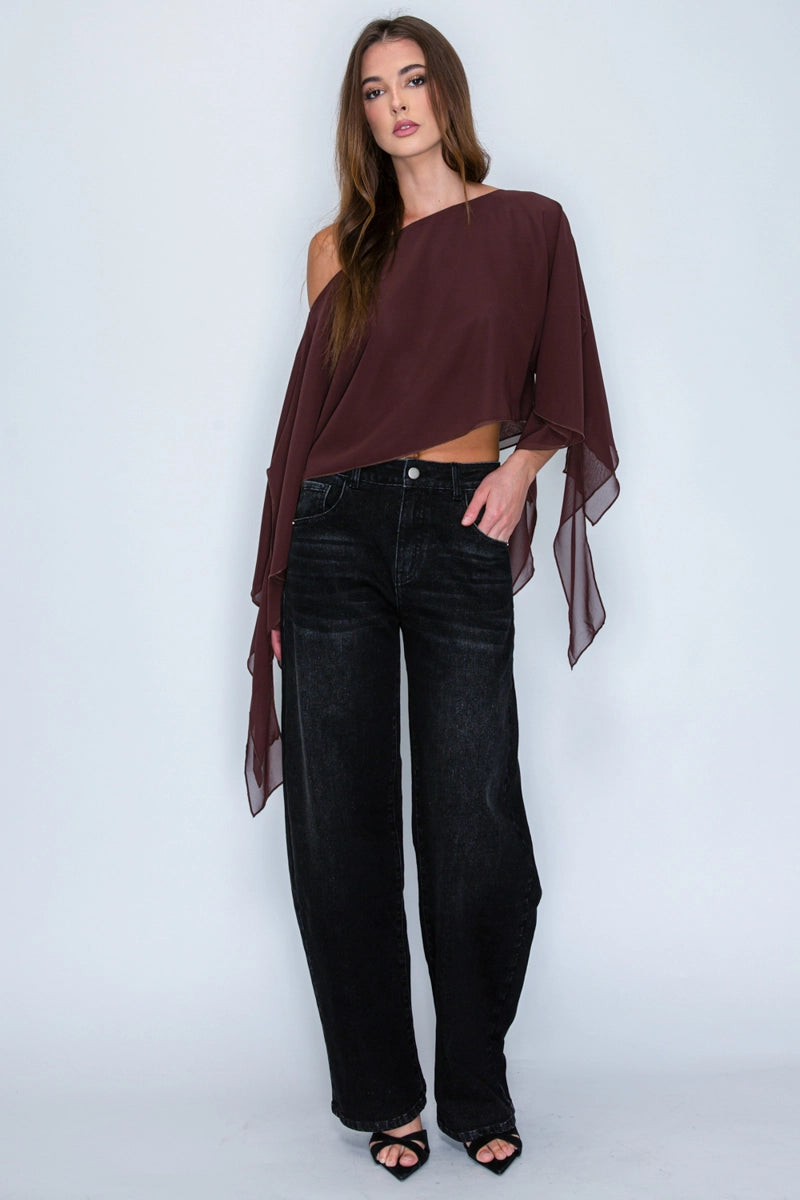 Iris Sheer One-Shoulder Drape Crop Top