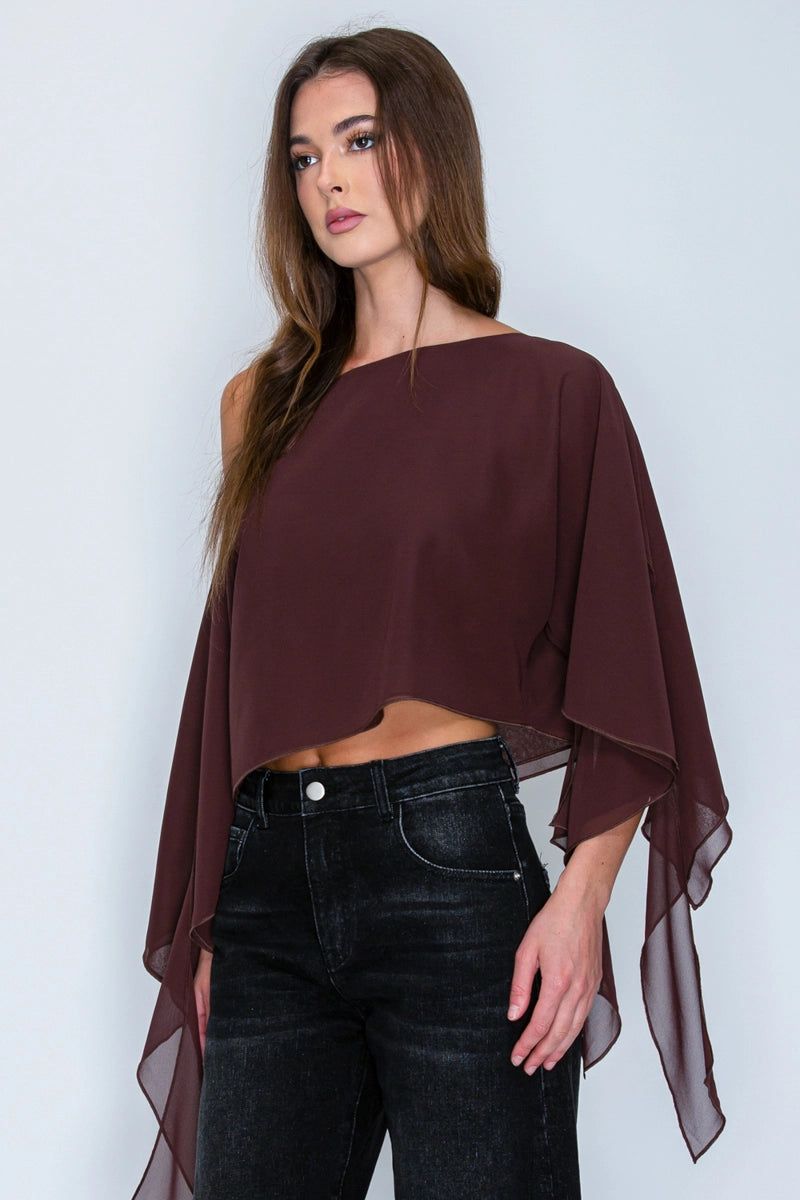 Iris Sheer One-Shoulder Drape Crop Top