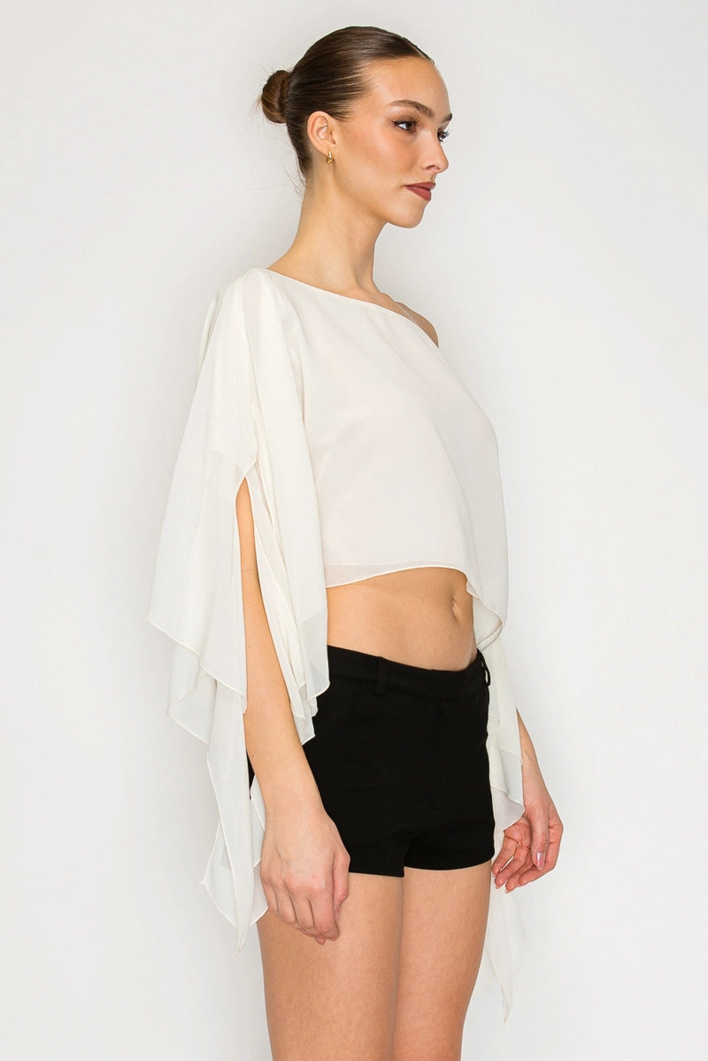 Iris Sheer One-Shoulder Drape Crop Top