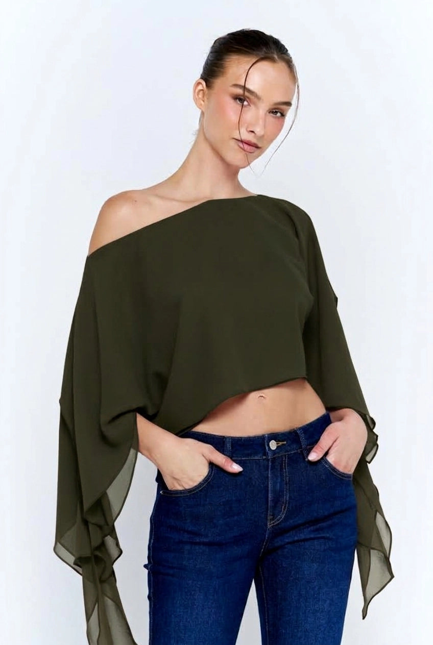Iris Sheer One-Shoulder Drape Crop Top