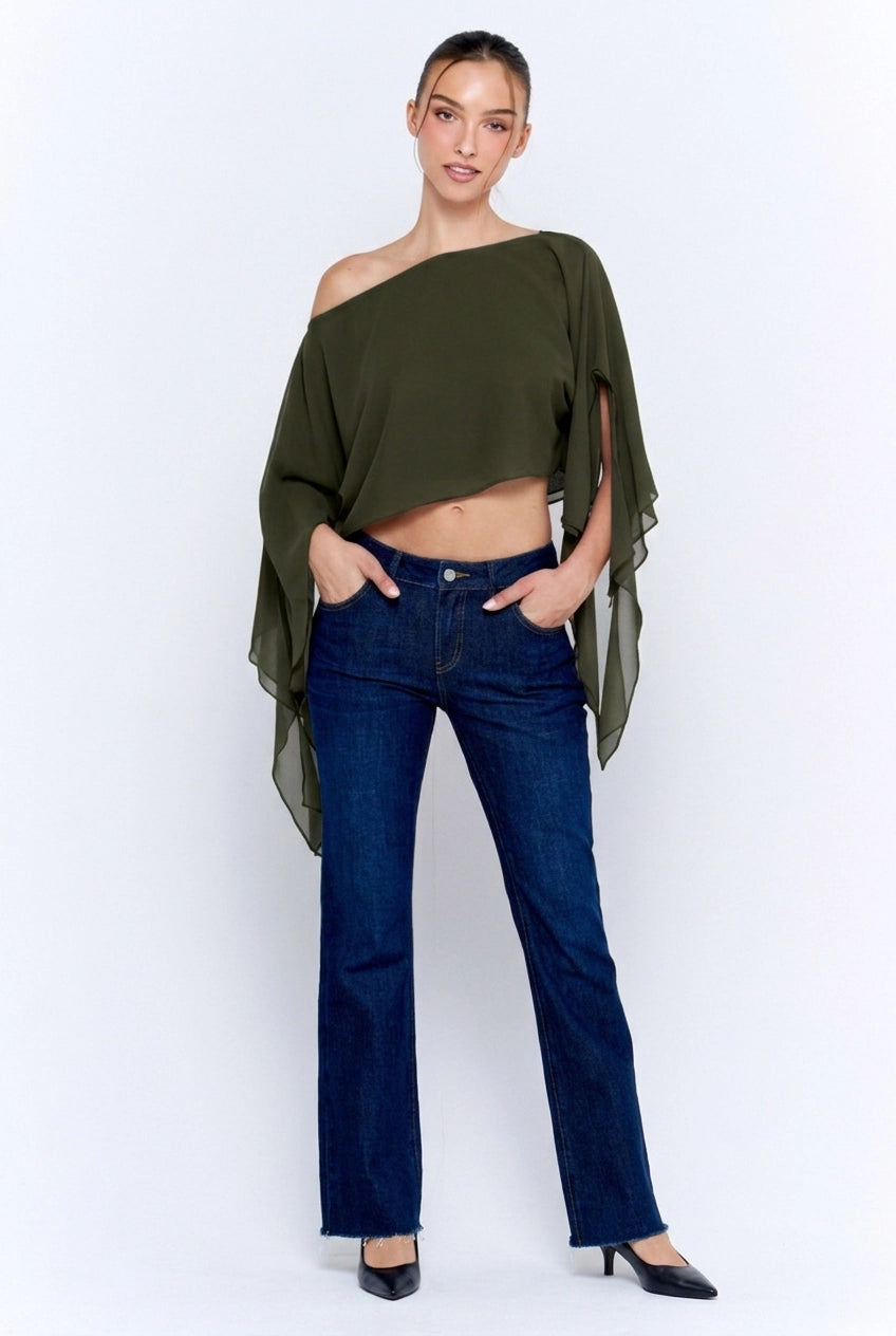 Iris Sheer One-Shoulder Drape Crop Top